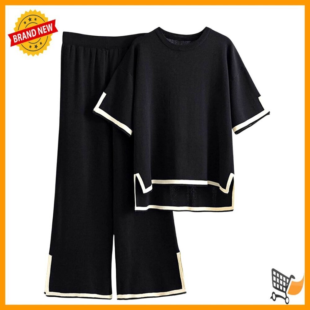Knit Lounge Set Short Sleeve Pullover Wide Leg Pants Cozy Chic Loungewear